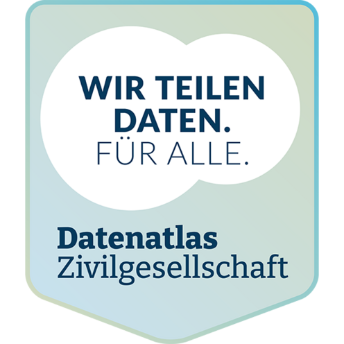 Badge Datenatlas Zivilgesellschaft. Oben steht "Wir teilen Daten- Für Alle". Darunter ist das Logo des Datenatlas Zivilgesellschaft.