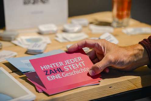 Eine Hand hält eine Karte schräg hoch, auf der steht: Hinter jeder Zahl steht eine Geschichte.